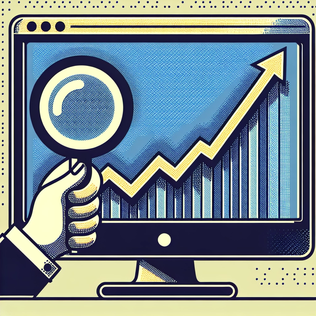 A computer screen showing an ascending line graph being analyzed with a magnifying glass