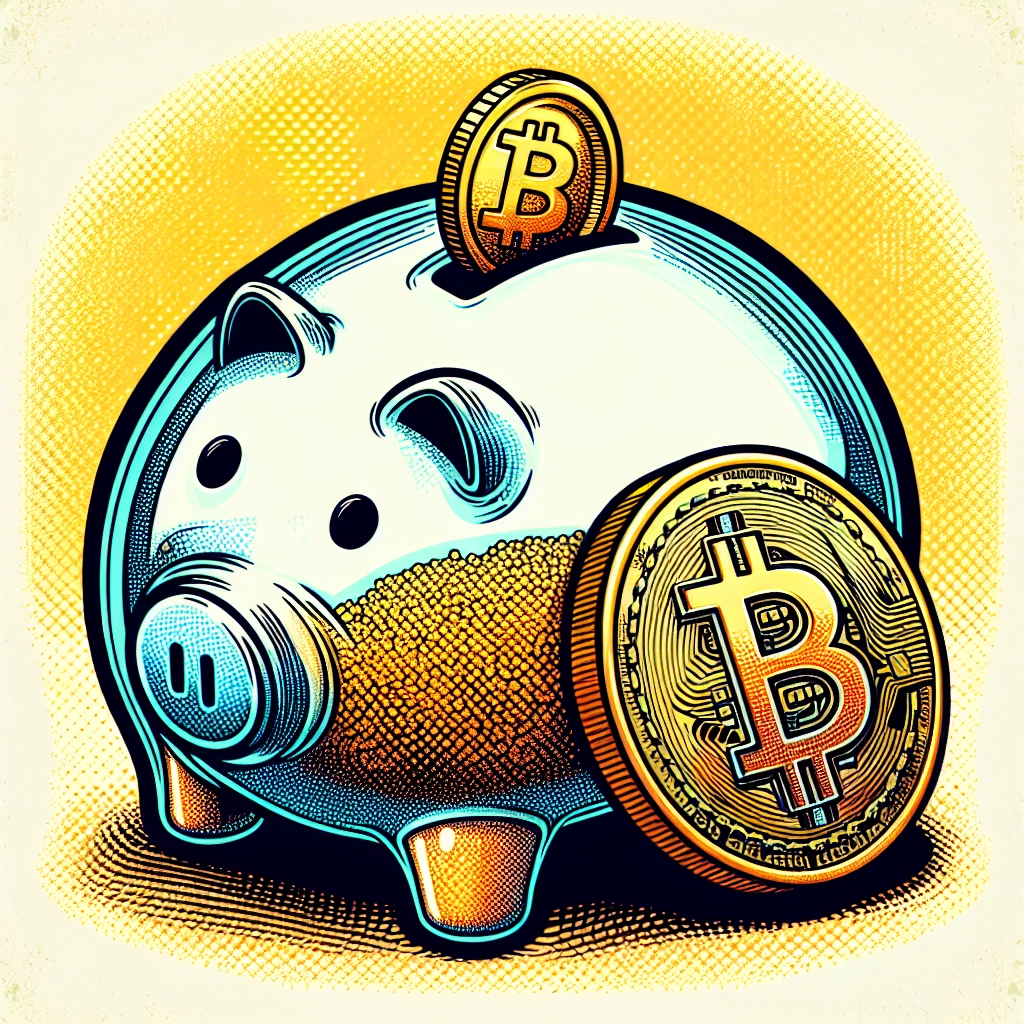 A gold bitcoin coin placed beside a transparent glass piggy bank with warm interior lighting