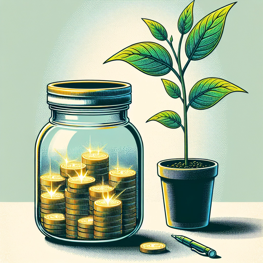 A jar of coins next to a growing plant, showing financial growth and sustainability.