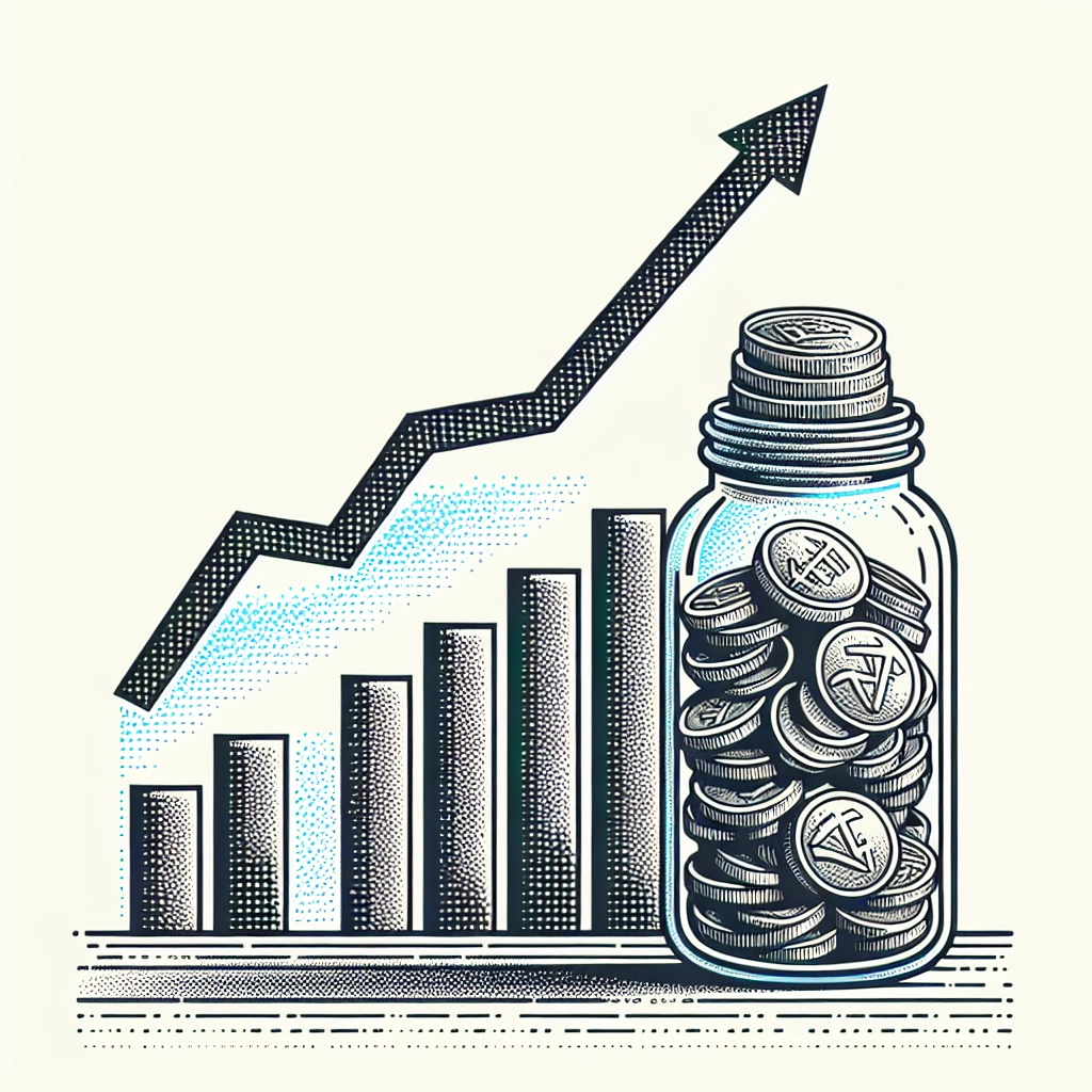 Clear glass jar with coins beside an upward trending line graph