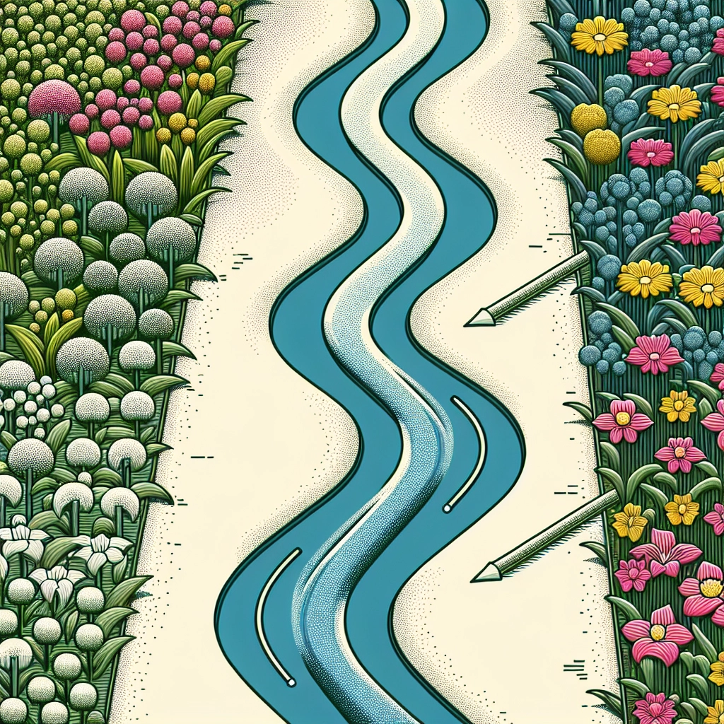 Clear stream of water flowing into a flourishing garden, viewed from above.