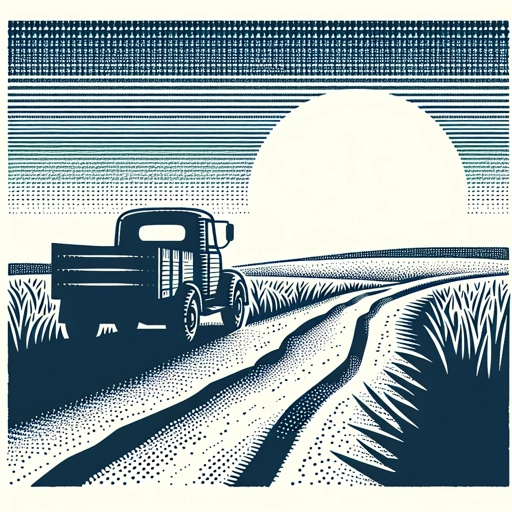 Delivery truck driving down a rural dirt road at sunset