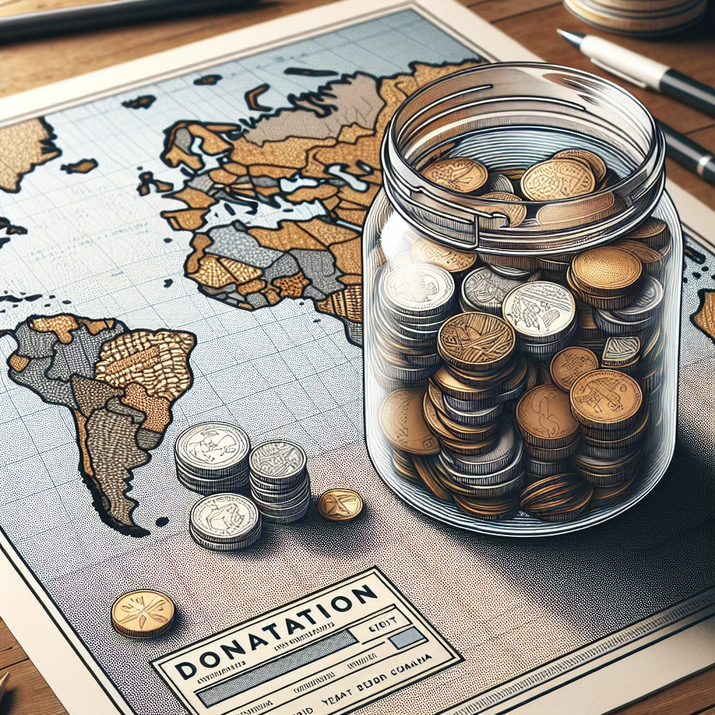 Donation jar next to world map on desk showing charitable giving across regions.