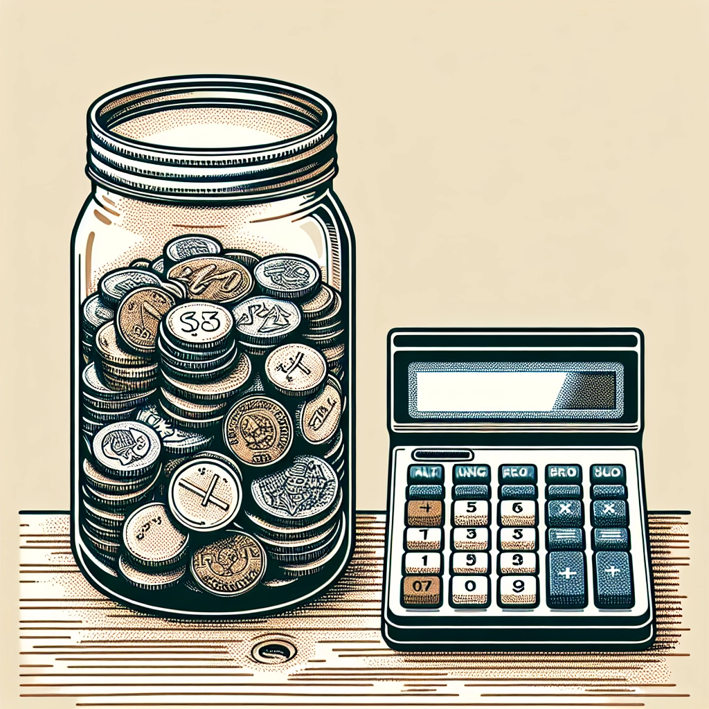 Glass donation jar with coins next to a calculator on wooden surface