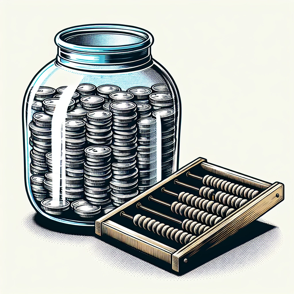 Glass donation jar with coins next to wooden abacus, illustrating the balance between emotional and calculated giving