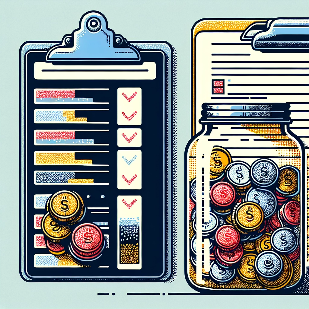 Glass jar with coins beside a clipboard showing program evaluation data