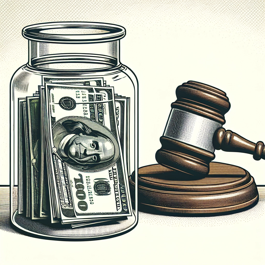 Glass jar with dollar bills next to wooden gavel, illustrating trust and legal financial planning.