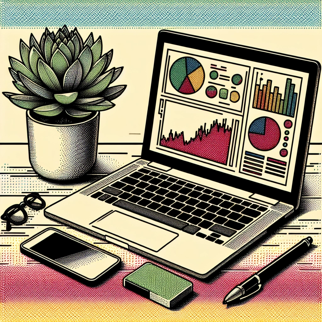 Laptop displaying data analytics charts next to a small succulent plant on a white desk