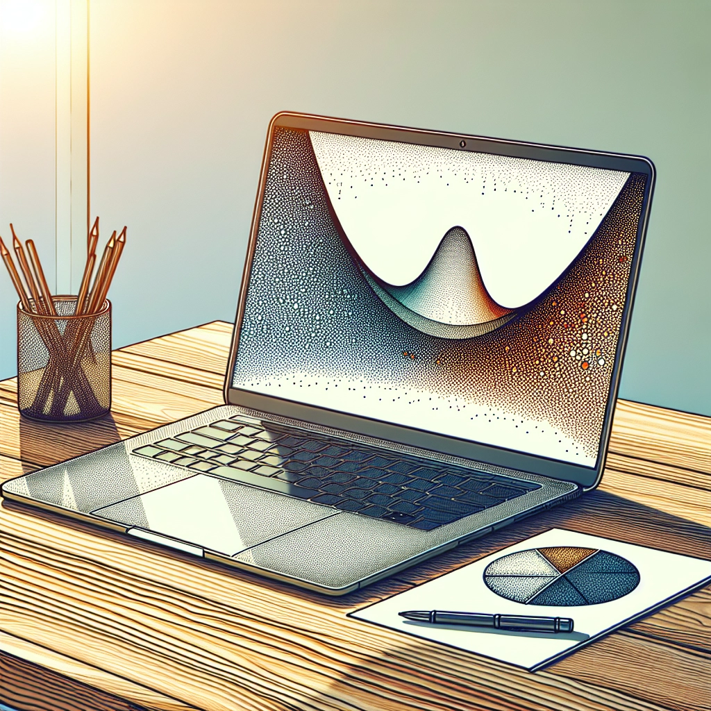 Laptop showing probability distribution curve on wooden desk with sunlight.