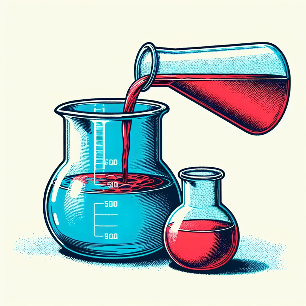 Large beaker next to smaller beaker with colored liquids demonstrating data combination