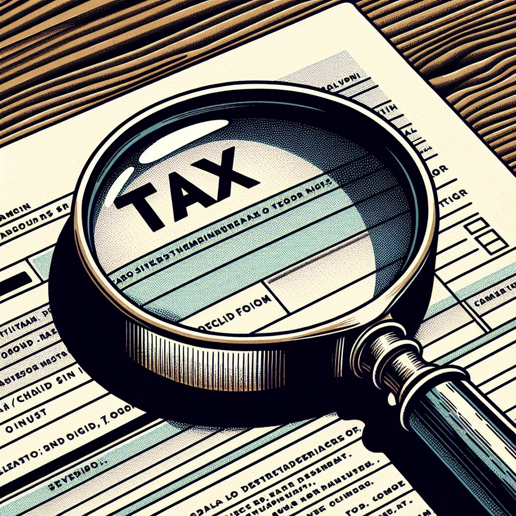 Magnifying glass examining a tax form on a wooden desk