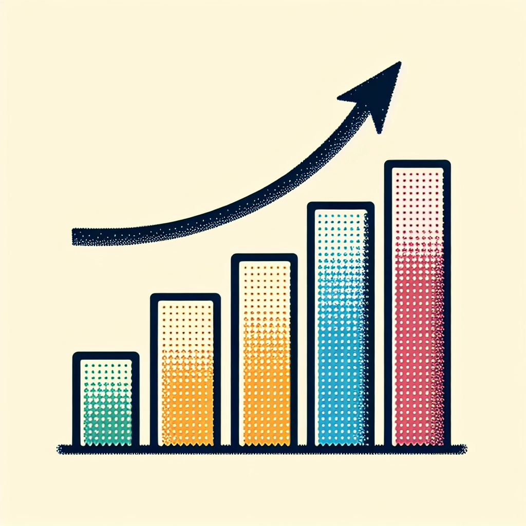 Minimalist bar graph with ascending bars and upward trend arrow showing growth.