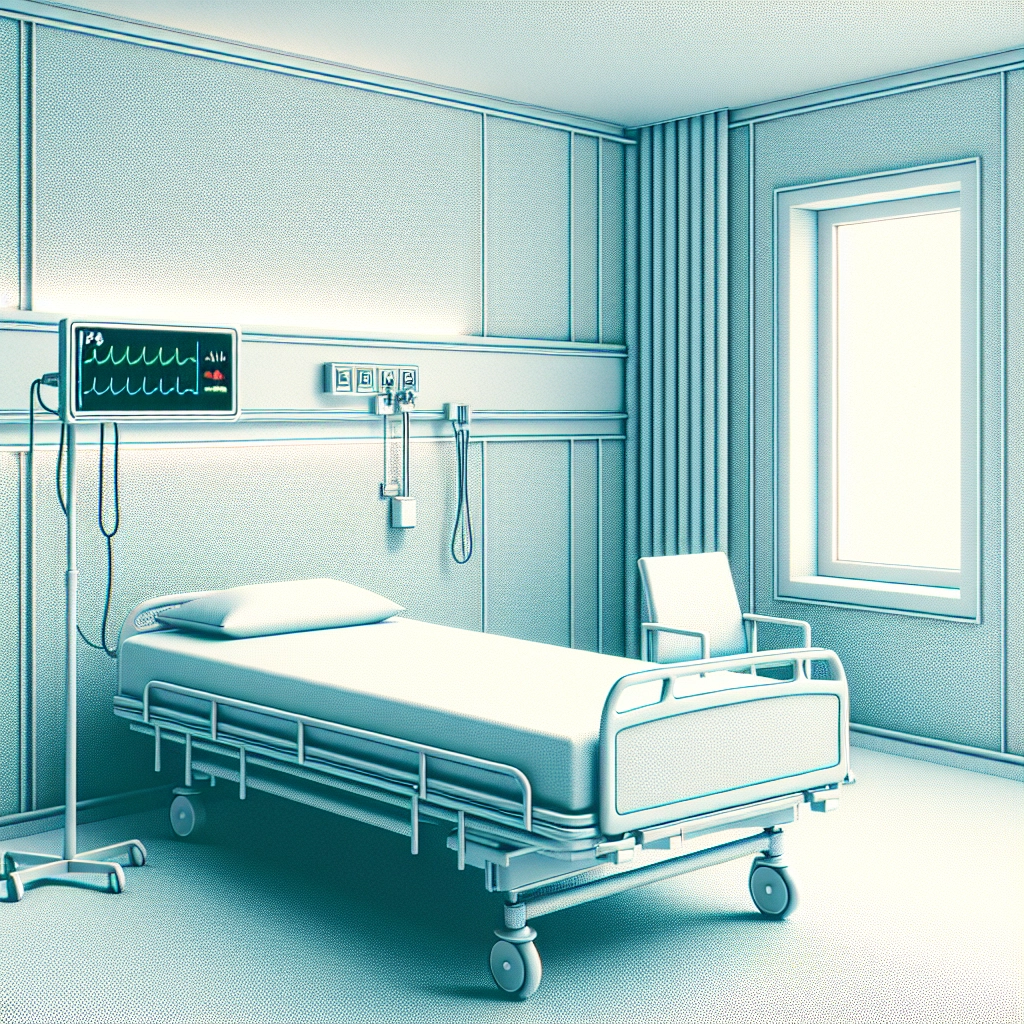 Minimalist hospital room with an empty bed and wall-mounted vital signs monitor.