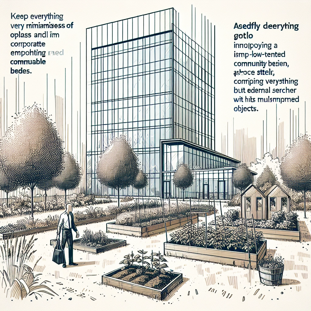 Modern office building beside a thriving community garden, illustrating the blend of business and social impact