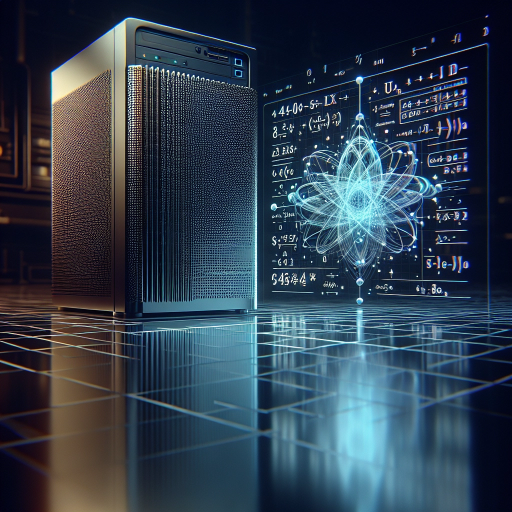 Modern quantum computer processor beside holographic mathematical calculations display