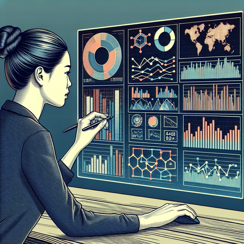 Professional reviewing nonprofit performance data on large display screen with charts and metrics.