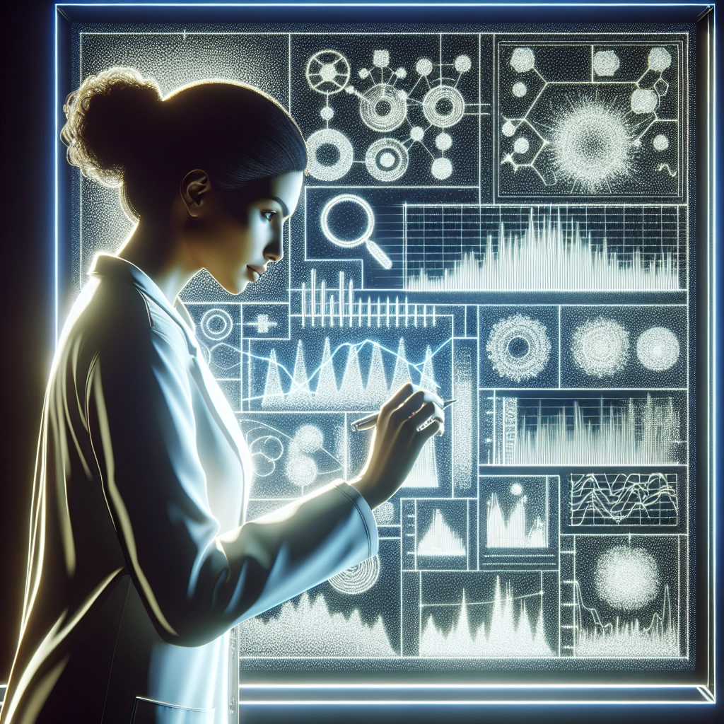 Scientist analyzing data points on a transparent board with statistics and graphs