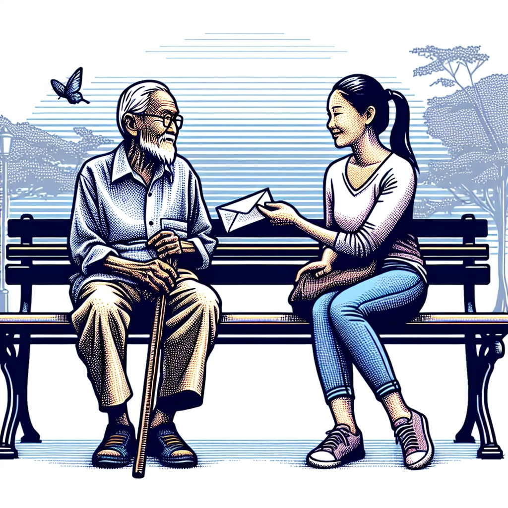 Senior couple on park bench exchanging an envelope, symbolizing charitable giving and retirement income.