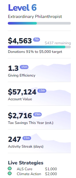 Dashboard showing giving statistics and impact metrics