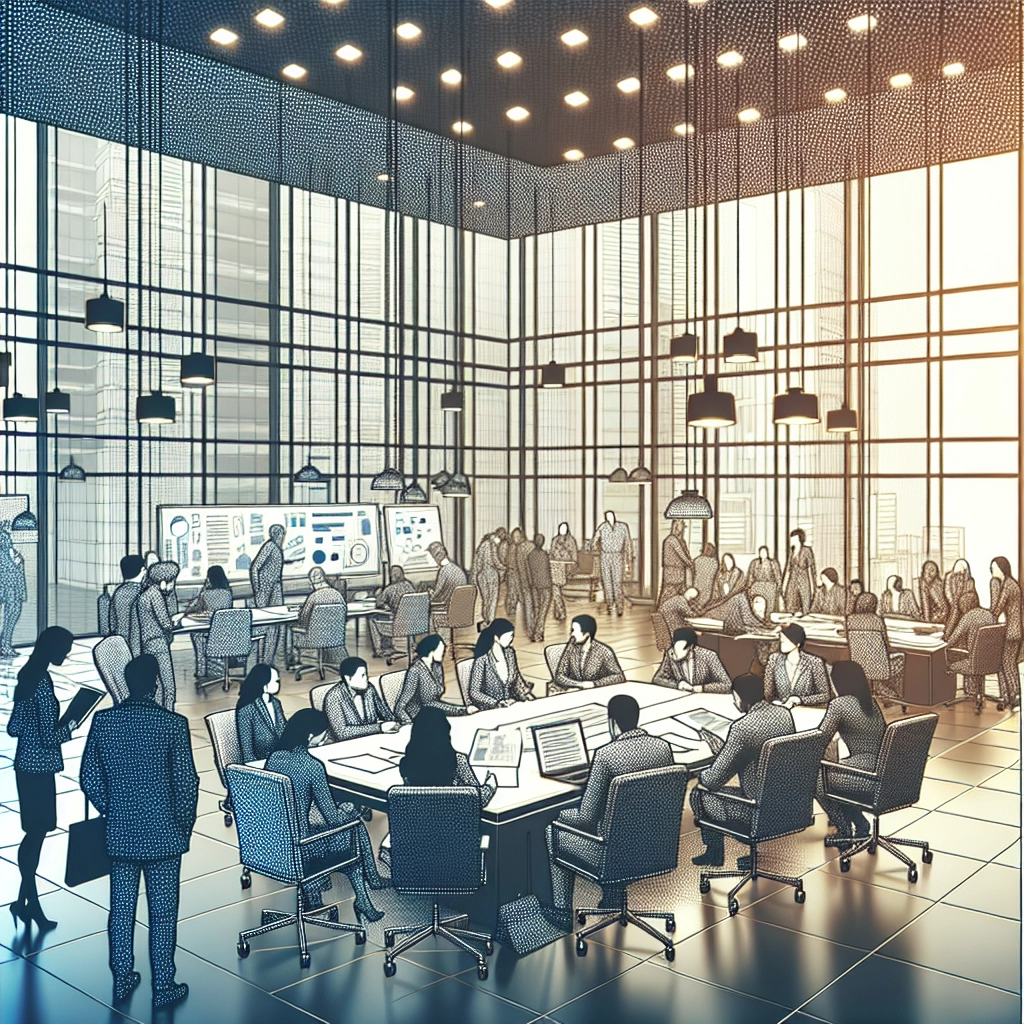 Team members collaborating at a conference table in a bright, modern office space