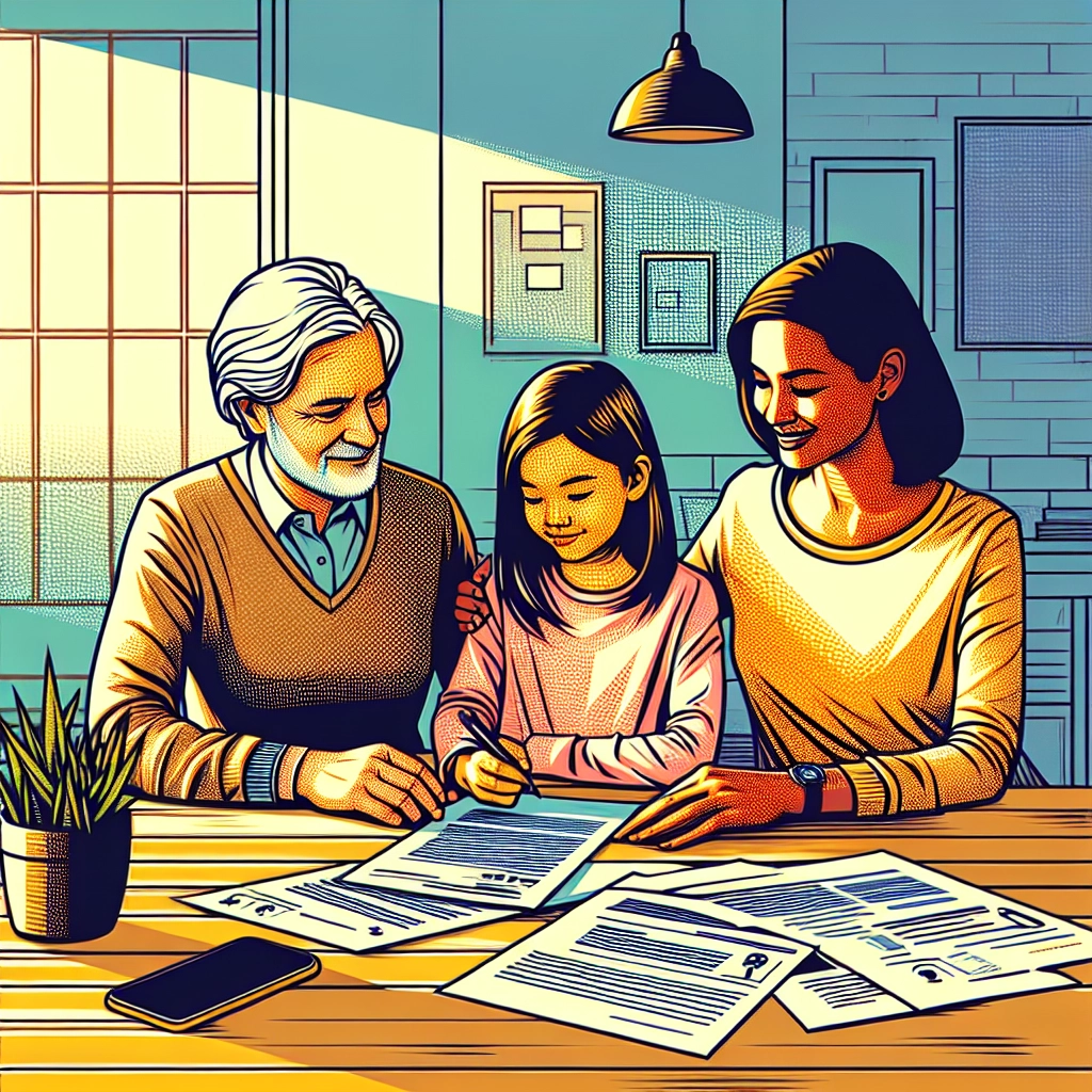 Three generations of family members reviewing charitable giving documents together at a table