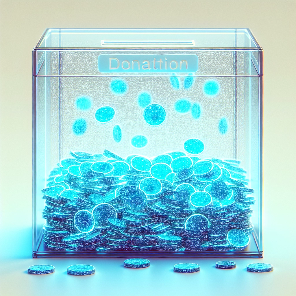 Transparent donation box containing luminous digital coins symbolizing blockchain-based charitable giving.