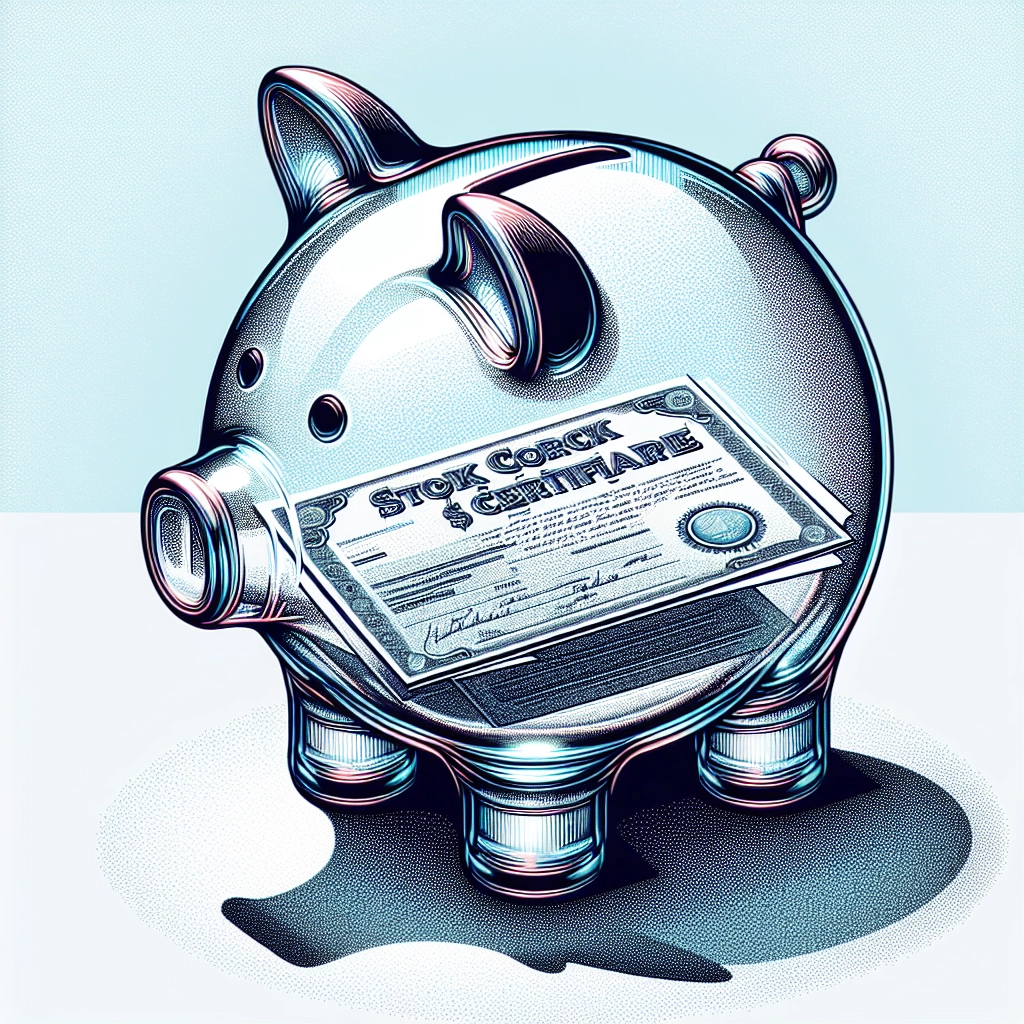 Transparent glass piggy bank with a stock certificate visible inside