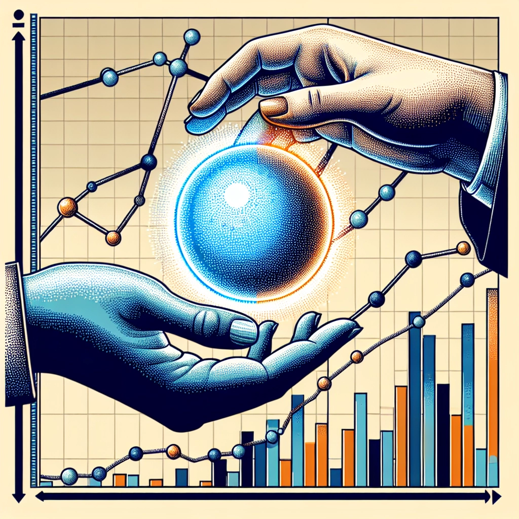 Two hands passing a glowing sphere in front of a simple metric graph chart