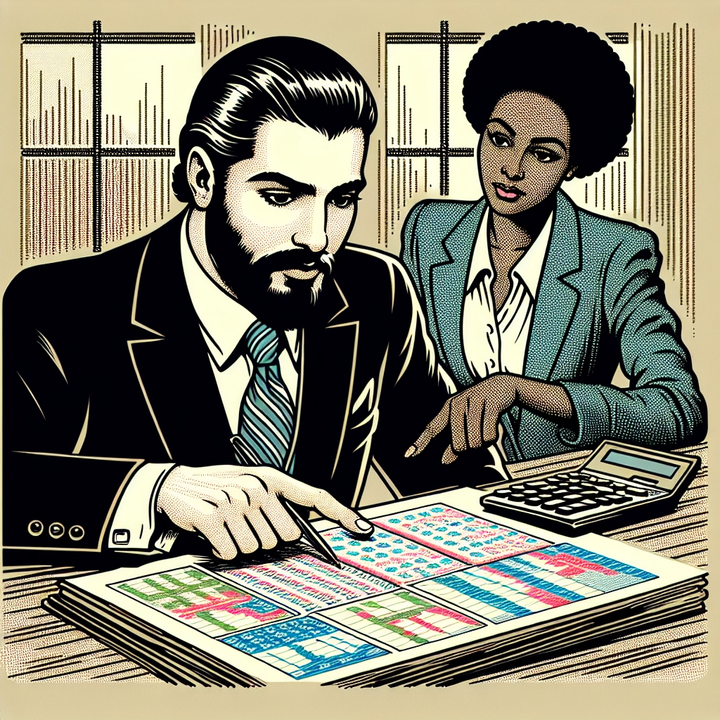 Two professionals reviewing financial documents and spreadsheets at a desk