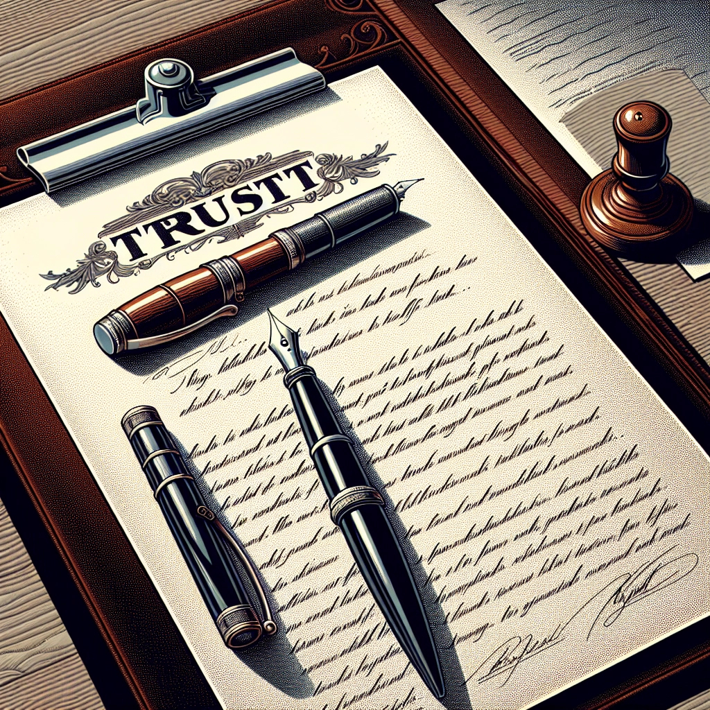 Vintage trust document and fountain pen on wooden desk