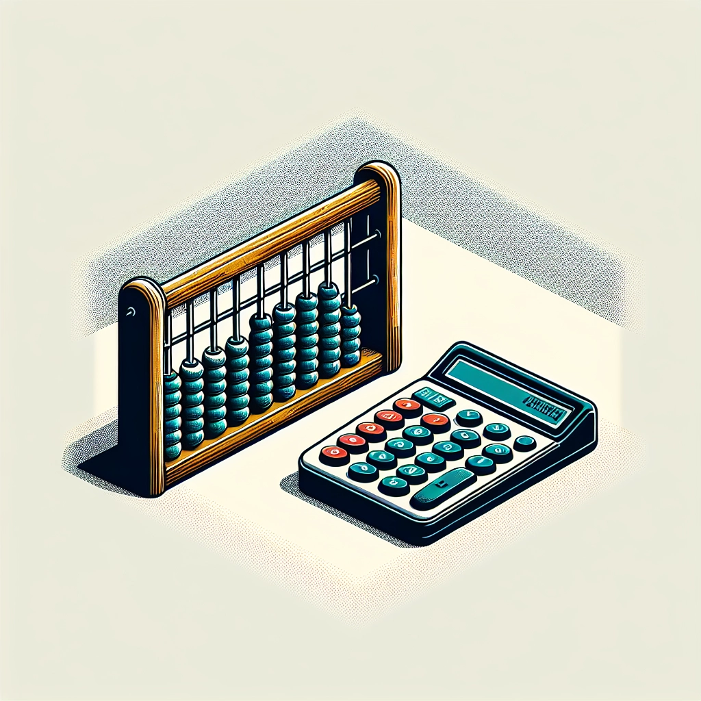 Wooden abacus next to a modern calculator, symbolizing the evolution of mathematical calculation methods